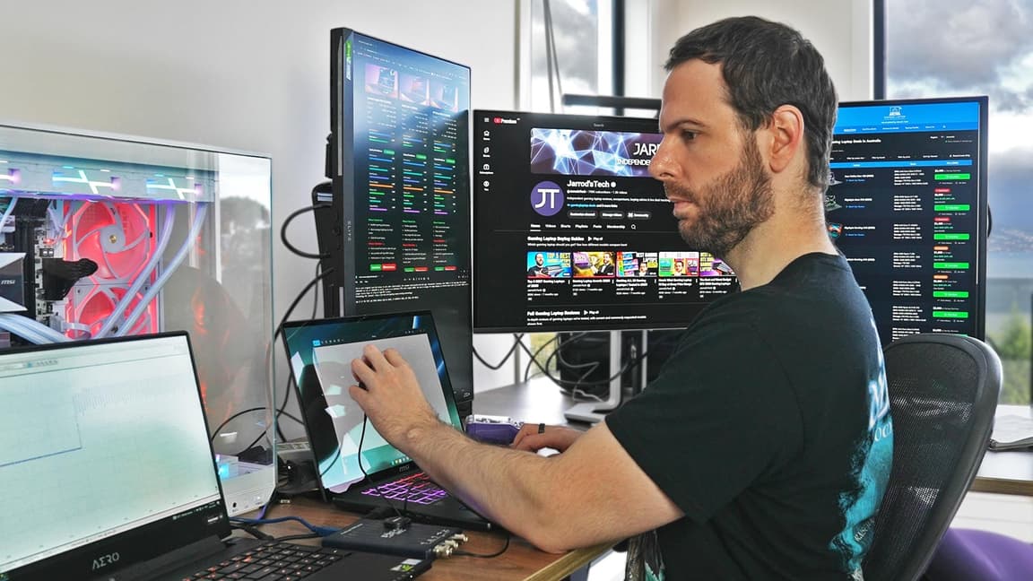 Jarrod's Tech gaming laptop test lab during a hands-on laptop review